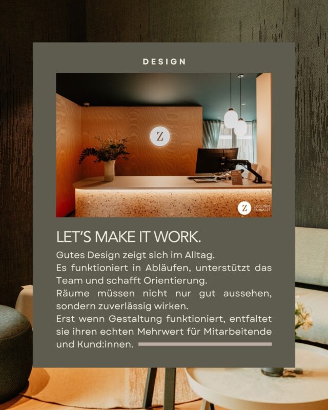 …Design ist dann gut, wenn es jeden Tag für Patient:innen und Mitarbeiter:innen funktioniert. 🎨
 Im Ablauf, im Gefühl und in der Wahrnehmung.

👉🏻 Gute Räume entstehen, wenn Gestaltung und Funktion zusammenkommen.

Projekt: @lieblingszahnarzt.m.gladbach 
Design: @driftewohnen